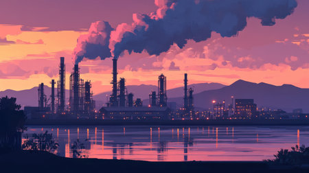 A captivating industrial skyline at dusk featuring tall smokestacks releasing clouds of smoke, with serene reflections in the water below and a vibrant sunset backdrop.の素材