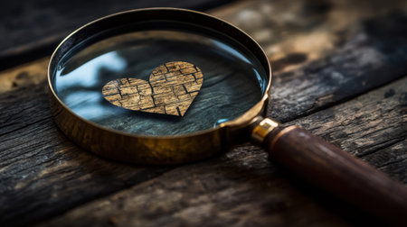A magnifying glass reveals a heart shape nestled on a rustic wooden surface. This image symbolizes love and attention to detail, perfect for romantic themes.の素材