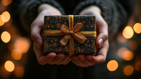 A beautifully wrapped gift box held in hands, surrounded by softly glowing holiday lights. This image captures the essence of festive joy and warmth during celebrations.の素材