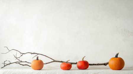 A serene autumn composition featuring brightly colored pumpkins on a white background, accented by a rustic branch, perfect for seasonal decor and nature themes.の素材