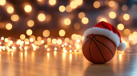 A basketball adorned with a Santa hat rests on a wooden floor, surrounded by shimmering Christmas lights. This festive scene captures the spirit of holiday celebrations.の素材