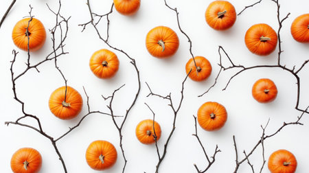 A stunning arrangement of vibrant orange pumpkins scattered among twisted branches on a clean white surface, perfect for autumn decor and seasonal themes.の素材
