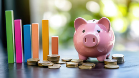 A vibrant pink piggy bank sits beside stacks of coins and colorful bar charts, symbolizing financial growth and savings strategies for personal finance.の素材