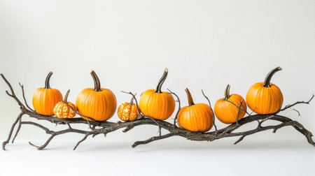 A charming display of vibrant orange pumpkins arranged on a rustic wooden branch, perfect for autumn decor. Capture the essence of harvest season.の素材