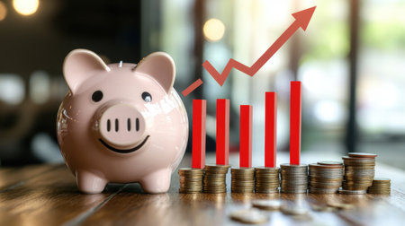 A cheerful piggy bank surrounded by coins and a rising graph symbolizes financial growth and effective savings strategies. Ideal for finance-related content.の素材