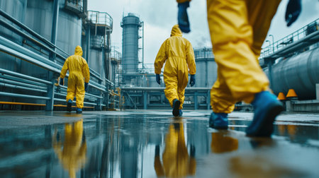 A group of workers in yellow protective suits walking through an industrial facility. The wet ground reflects their figures, showcasing a rainy day in a busy workspace.の素材