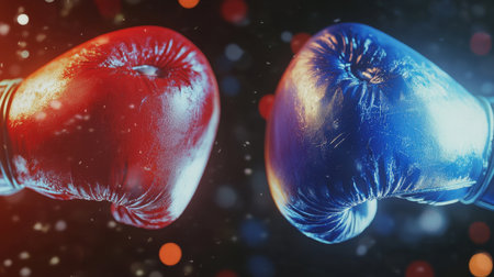 Two vibrant boxing gloves, red and blue, clash against a colorful backdrop, symbolizing competition and strength in sports. Ideal for fitness themes.の素材