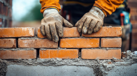 A skilled mason is carefully laying bricks to create a sturdy wall. The focus is on the detailed craftsmanship and attention to safety using gloves and appropriate tools during the construction process.の素材