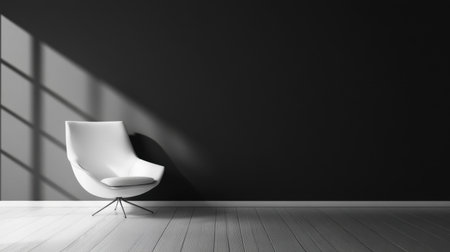 A stylish white chair sits elegantly in a minimalist room with a black wall, bathed in natural light casting dynamic shadows to create a serene atmosphere.の素材
