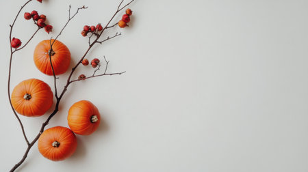 A vibrant composition featuring orange pumpkins alongside twigs adorned with red berries, set against a clean white backdrop. Perfect for autumn themes.の素材
