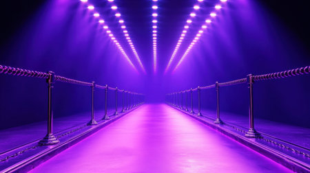 A visually striking empty pathway illuminated by vibrant purple lights, featuring elegant rope barriers. Ideal for backgrounds, events, and artistic concepts.の素材