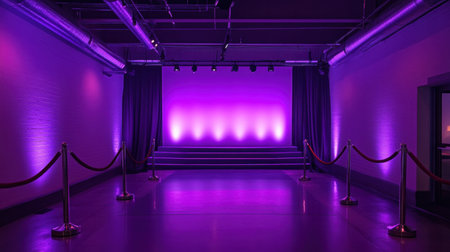 Vibrant event space featuring sleek purple lighting and elegant red ropes. Perfect for gatherings, performances, or exhibitions in a modern setting.の素材