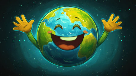 This vibrant illustration depicts a cheerful cartoon Earth character with a big smile and outstretched hands. Perfect for educational and environmental themes.の素材