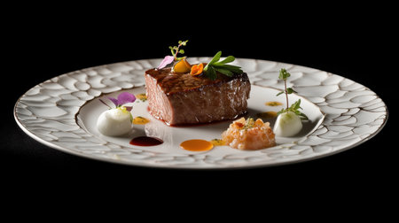 An exquisite gourmet steak dish beautifully presented on an elegant plate. This high-quality image showcases fine dining artistry with vibrant garnishes.の素材