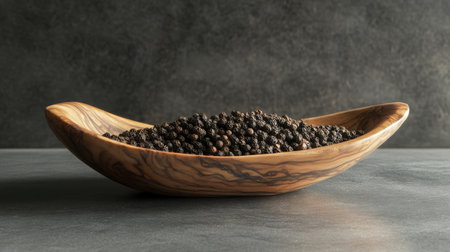 A beautiful display of black pepper spice nestled in a curved wooden bowl, set against a textured gray background, ideal for culinary inspiration and food styling.の素材