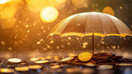 A captivating image of a golden umbrella resting atop shimmering coins, enhanced by falling droplets and a dreamy bokeh background. This artwork symbolizes wealth and protection, ideal for financial themes.の素材