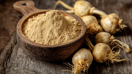 Wooden bowl filled with ground root powder beside fresh roots on rustic table. Ideal for culinary, health, or wellness concepts, showcasing natural ingredients.の素材