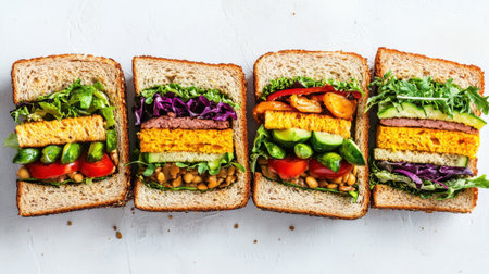 A vibrant layered sandwich showcasing fresh vegetables and colorful ingredients. Perfect for healthy meals, this visual highlights the artistry of sandwich making.の素材