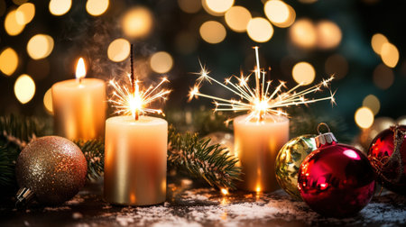 Beautiful composition of candles surrounded by ornaments and sparklers, creating a warm and inviting atmosphere perfect for holiday celebrations.の素材