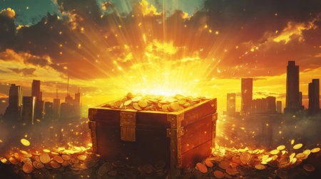 This captivating image features a glowing treasure chest filled with shimmering coins, set against a vibrant sunset that illuminates a city skyline.の素材