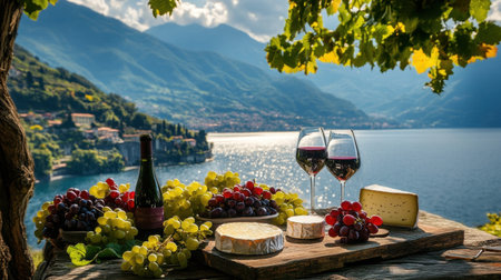 A picturesque picnic setting by a serene lake features red wine, delicious cheese, and fresh grapes with mountains in the background, inviting relaxation.の素材