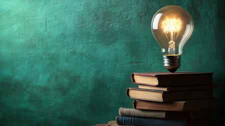 A glowing light bulb atop a stack of vintage books creates a cozy and inspiring atmosphere, perfect for conveying themes of knowledge and creativity in a study or home setting.の素材