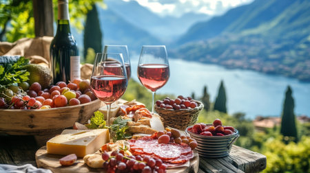 Experience a serene outdoor dining scene featuring wine, cheese, and fresh fruit by a picturesque lake, perfect for relaxation and gourmet enjoyment.の素材