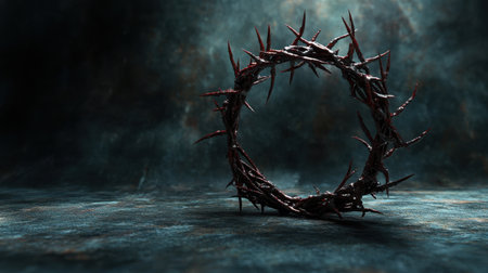 A striking dark crown of thorns set against a textured background, evoking themes of suffering, sacrifice, and spirituality, perfect for artistic or religious contexts.の素材