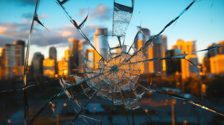 A striking image of broken glass revealing a serene city skyline at sunset. The fractured pane captures the interplay of light and architecture, evoking emotions of decay and beauty.の素材