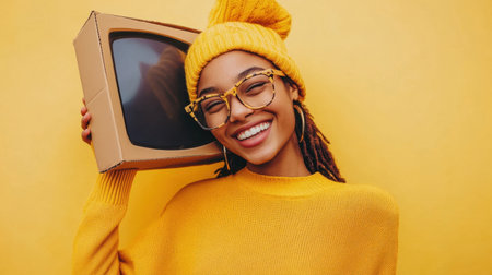 A cheerful woman in a bright yellow outfit holds a retro television, expressing happiness and joy. The vibrant colors create a playful atmosphere.の素材
