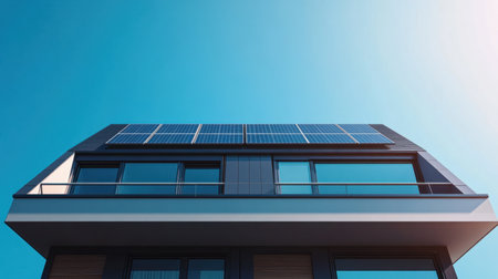 A modern residential building features solar panels on the rooftop under a clear blue sky. This image symbolizes sustainable living and eco-friendly technology.の素材