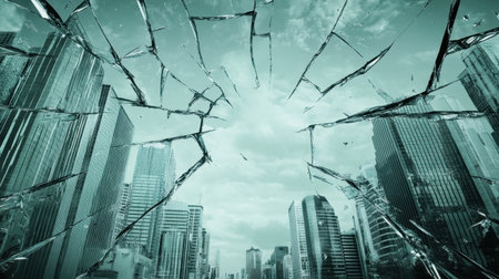 A dramatic broken window effect reveals a stunning urban cityscape. The shards of glass create an engaging perspective, showcasing modern skyscrapers and a cloudy sky, perfect for artistic and architectural themes.の素材