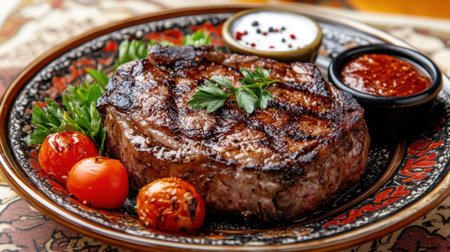 Enjoy a beautifully presented grilled steak served with fresh tomatoes and savory dipping sauces. This dish is perfect for a hearty meal or special occasion.の素材