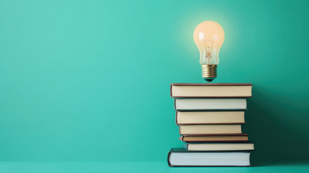 A creative arrangement featuring a glowing light bulb above a stack of books, set against a vibrant turquoise background, symbolizing ideas and knowledge.の素材
