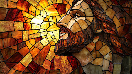 This stained glass artwork features a serene expression of a man illuminated by warm sunlight. The intricate details and vibrant colors create a divine atmosphere, perfect for enhancing spiritual spaces.の素材