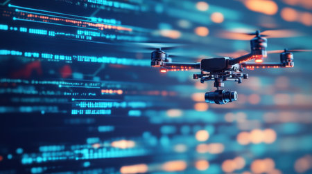 A captivating drone hovers in a vibrant digital landscape, showcasing the intersection of advanced technology and vibrant data streams, emphasizing its innovative design and functionality.の素材