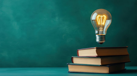 A captivating image featuring a glowing light bulb floating above a stack of books against a textured green background, symbolizing ideas and creativity.の素材