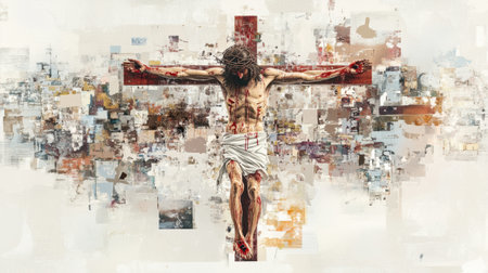 This artistic representation captures the crucifixion of Jesus Christ, highlighting themes of sacrifice and redemption amidst a vibrant abstract background.の素材