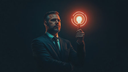 A businessman stands confidently in a dark environment, holding a light bulb with a target symbol. This image symbolizes vision, innovation, and strategic thinking in the corporate world.の素材