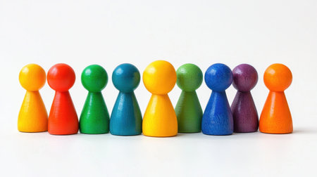 This image features a collection of colorful wooden figures symbolizing diversity and inclusion. Perfect for educational materials, designs, and concepts of teamwork and creativity.の素材