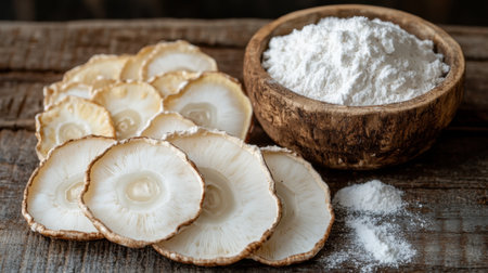 A collection of dried mushroom slices accompanies a rustic bowl filled with flour, showcasing natural textures on a wooden surface. Perfect for culinary inspiration.の素材