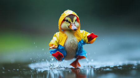 A delightful duckling wearing a colorful raincoat joyfully splashes through a water puddle. This charming scene captures the essence of playful nature and innocence.の素材