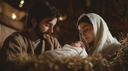 A touching depiction of the Holy Family in a serene nativity scene, showcasing the warmth and love shared between parents and their newborn in a tranquil setting.の素材