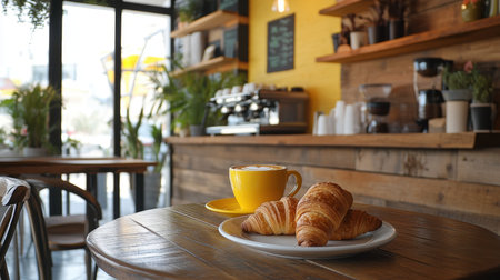 A cozy coffee shop interior featuring a vibrant yellow wall, a cup of coffee on a wooden table, and fresh croissants, creating an inviting atmosphere for relaxation and enjoyment.の素材