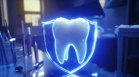 This striking image features a glowing tooth icon inside a protective shield, symbolizing safety and care in modern dental practices and healthcare settings.の素材