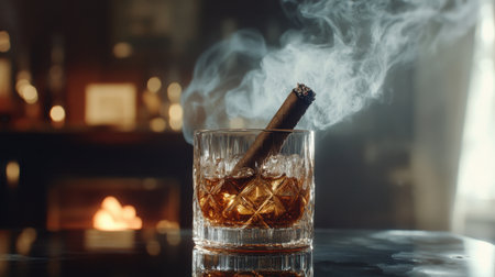 A beautiful whiskey glass featuring a cigar and wisps of smoke captures the essence of relaxation in a cozy, inviting atmosphere. Perfect for a sophisticated setting.の素材