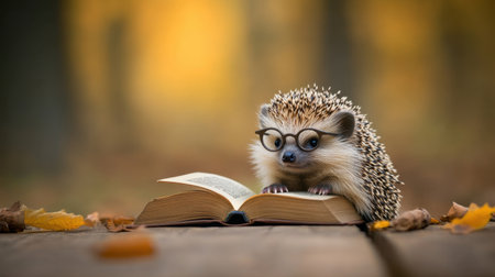 This charming image features a hedgehog wearing glasses, engrossed in a book. Set against an autumn backdrop, the scene captures a whimsical blend of nature and literacy.の素材