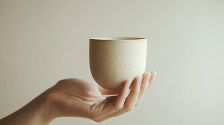 A serene image featuring a hand gently holding a minimalist ceramic cup, showcasing a soft texture and neutral tones, perfect for enhancing interior decor.の素材