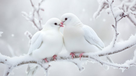 Two adorable white birds share a tender moment on a snowy branch, embodying love and tranquility in a serene winter landscape. Perfect for nature themes.の素材