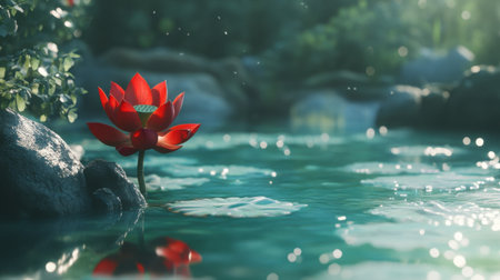 A stunning red lotus flower rises gracefully above a serene pond, surrounded by lush greenery. The soft sunlight creates an enchanting atmosphere, reflecting on the calm water.の素材
